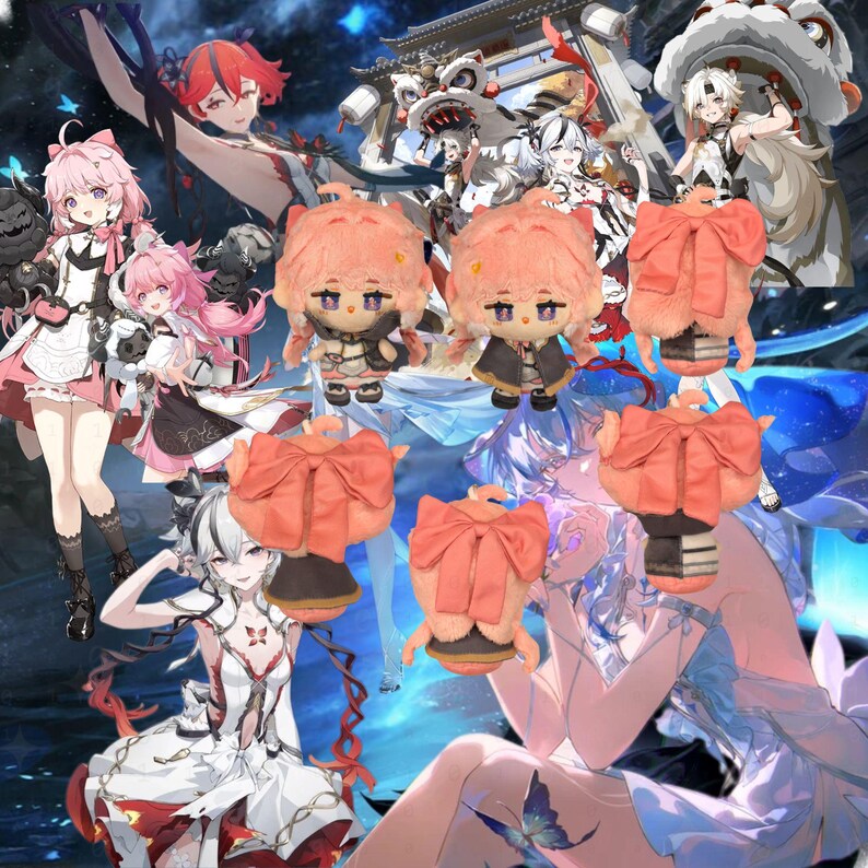 May include: An image featuring several plush dolls with peach-colored hair and outfits, along with other anime-style characters. The dolls have a cute design with large eyes and are paired with decorative bows. The background has a fantasy theme.