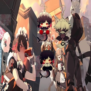 May include: Five colorful anime-style character keychains with black and white maid outfits. The keychains are hanging from a white wall with a red and white sign in the background. The keychains are made of soft plush material and have embroidered details.
