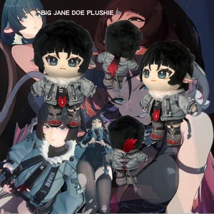 May include: A plush doll with black hair and large blue eyes, wearing a gray jacket with a red and black tie. The doll has a fluffy black head and is surrounded by images of the character. The text "BIG JANE DOE PLUSHIE" is at the top.