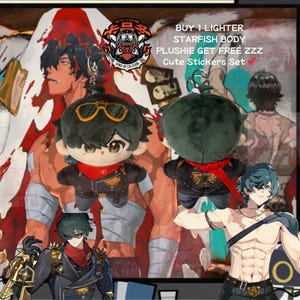 May include: Two plushie keychains featuring a character with dark green hair, sunglasses, and a red scarf. The plushies are in front of a background with illustrations of muscular figures. Text in the image reads "BUY 1 LIGHTER STARFISH BODY PLUSHIE GET FREE ZZZ Cute Stickers Set."