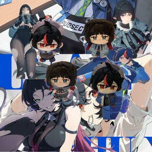 May include: A collage featuring several plush dolls with anime-style character designs. The dolls have black hair, red accents, and are dressed in various outfits. The background includes anime-style illustrations with the text "PUBSEC".