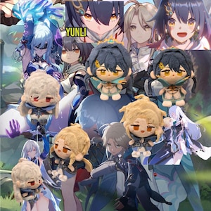 May include: A collection of plush toys featuring characters from the popular video game Genshin Impact. The toys are all in a chibi style, with large heads and small bodies. The characters include Yunli, a female character with long purple hair, and several other characters with different hair colors and styles. The toys are all wearing colorful outfits and accessories.