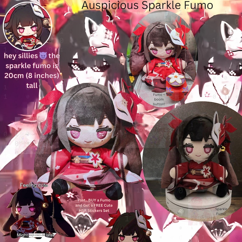 Puede incluir: Un juguete de peluche de un personaje con cabello negro largo, que lleva un kimono rojo y blanco y una m&aacute;scara blanca. El juguete mide 20 cm (8 pulgadas) de alto y tiene un bot&oacute;n que hace un sonido. El texto "hey sillies the sparkle fumo is 20cm (8 inches) tall" es visible en la imagen.