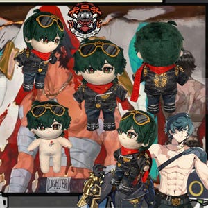 May include: Plush dolls with green hair, sunglasses, and red scarves. The dolls wear black jackets, blue jeans, and boots. One doll is nude. The image includes a logo with text and a cartoon pig.