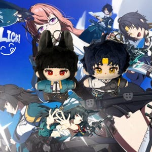 May include: Two plush dolls with black hair and red eyes, one with bunny ears. The dolls are wearing outfits with blue and white accents. The background features anime-style illustrations with characters in various poses.