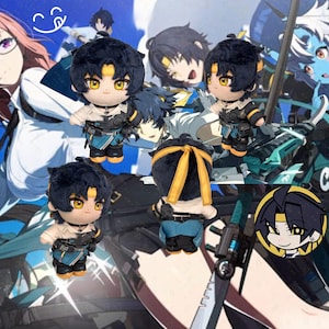 May include: Plush dolls of a character with black hair, yellow eyes, and a yellow headband. The dolls wear a white shirt, blue and black vest, and orange shoes. The background features a colorful anime-style illustration.