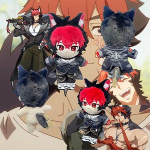 May include: A plush doll featuring a character with bright red hair, wolf ears, and red eyes, wearing a black jacket, dark pants, and white shoes. The doll is shown from multiple angles, including a view of the back showing a dark tail.