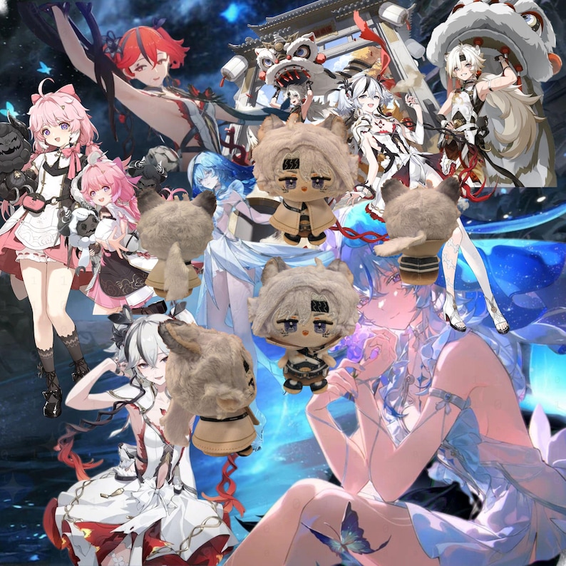 May include: A digital illustration featuring several anime-style characters and plush toys. The characters are in various poses, with a mix of colors and styles. The plush toys are beige with black and blue accents.