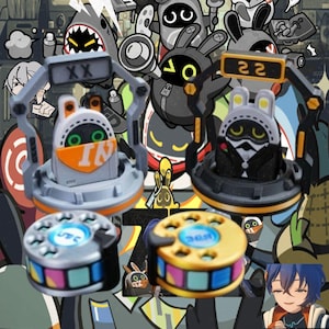 May include: Two robot-like figures with bunny-shaped heads and digital displays. One is gray with an orange face covering and the letters "IN". The other is black and wearing a tuxedo. Two circular objects with colorful buttons are also present.