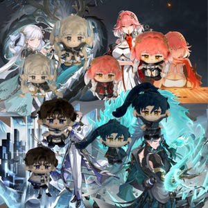 Può includere: Una collezione di bambole di peluche raffiguranti personaggi in stile anime. Le bambole hanno tratti del viso dettagliati e sono vestite con vari abiti. Lo sfondo include illustrazioni dei personaggi e un paesaggio urbano, con una tavolozza di colori di blu, bianchi e rosa.