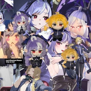 May include: A collage featuring anime-style characters and plush dolls. The dolls have black outfits, red eyes, and various hair colors, including purple and yellow. The background includes anime illustrations with similar color schemes and the text "Lord Phaeton! Please step on me!"