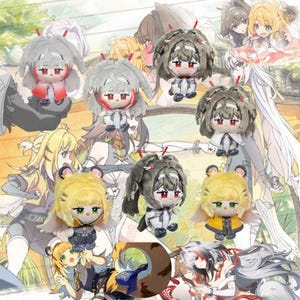 May include: A collection of small plush dolls featuring anime-style characters with red or green eyes, detailed hair, and various outfits, arranged against a background illustration of the same characters in a light-coloured, outdoor setting.
