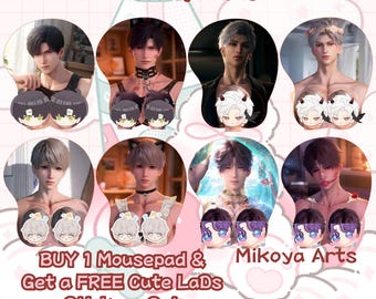 May include: A set of eight mousepads featuring anime-style illustrations of men with different hairstyles and clothing. The mousepads are all shaped like a teardrop and have a white background. The text "BUY 1 Mousepad & Get a FREE Cute LaDs Stickers Set" is at the bottom of the image. The text "Mikoya Arts" appears twice in the image.