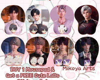 May include: A set of six mouse mats featuring anime-style illustrations of men with different hairstyles and clothing. The mouse mats are available for purchase with a free set of stickers. The text on the image reads "BUY 1 Mousepad & Get a FREE Cute LaDs Stickers Set" and "Mikoya Arts".