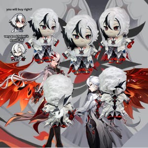 Op de afbeelding: Een pluche pop met wit haar met zwarte strepen, gekleed in een wit en zwart outfit met rode accenten. De pop heeft rode ogen met een kruisvormige pupil. De tekst op de afbeelding luidt: you will buy right? en very good father is proud~ $$
