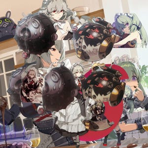 May include: A collection of anime-style character figures with black and red patterned spheres. The figures are wearing various outfits, including maid dresses and military uniforms. The spheres have a metallic finish and intricate designs.