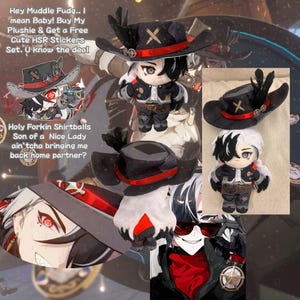 May include: A plush toy of a character wearing a black and red cowboy hat with a white feather. The character has black hair and white skin. The toy is holding a gun in its right hand. The background is a collage of other images, including a close-up of the character's face and a text box with the words "Holy Forkin Shirtballs Son of a Nice Lady ain'tcha bringing me back home partner?"