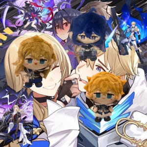 May include: A group of plush toys with anime-style faces. The toys are in various poses and are surrounded by other anime characters. The background is a mix of purple, blue, and white.