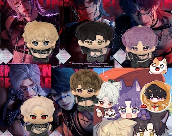 May include: A collection of plush toys featuring characters from the video game "Obey Me!" The plush toys are in various poses and expressions, including a character with a cat-like head, a character with a crown, and a character with a devilish grin. The plush toys are all made of soft, cuddly fabric and are perfect for collectors of the game.