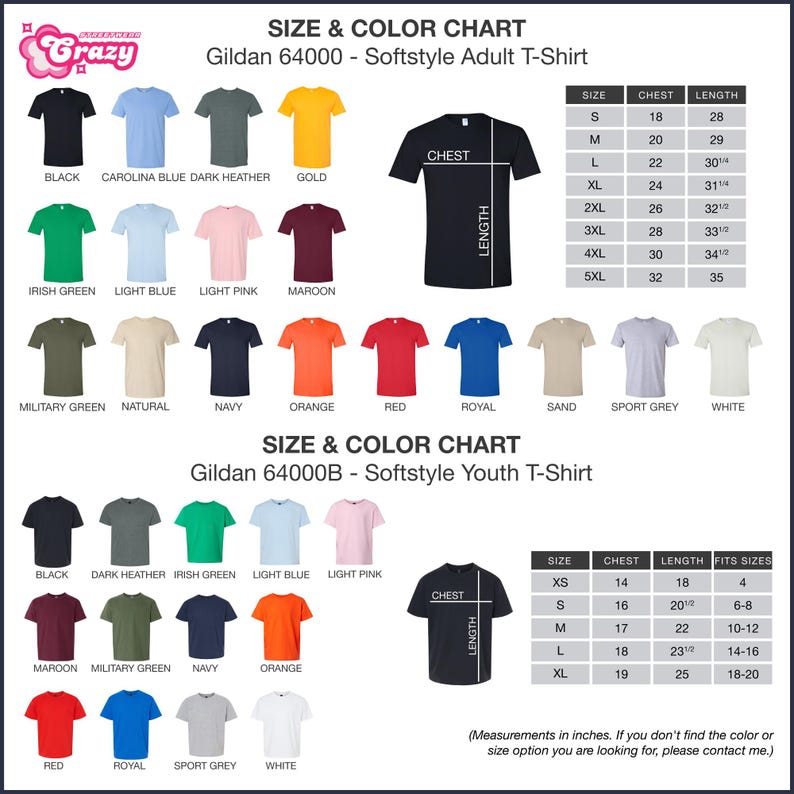 a chart showing the size and color of a t - shirt