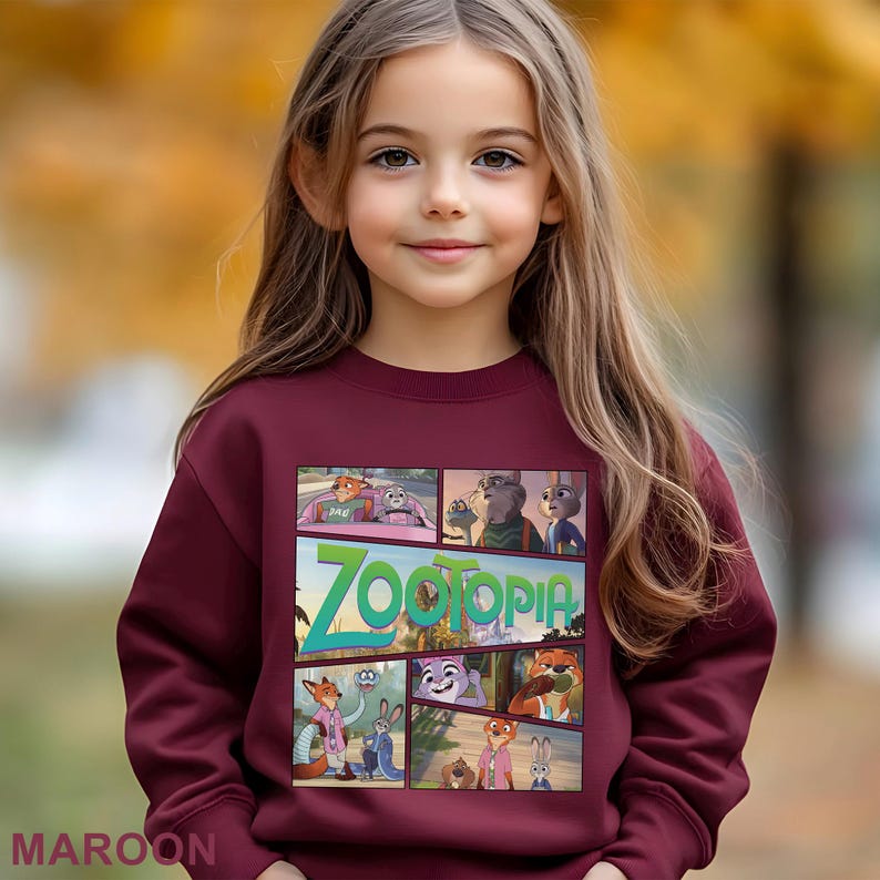 May include: A maroon sweatshirt featuring a colorful graphic from the animated film "Zootopia." The graphic is divided into panels with characters and the film's title. The word "MAROON" is printed at the bottom left.