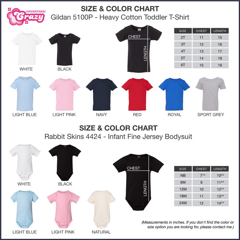 the size and color chart for a baby's bodysuit