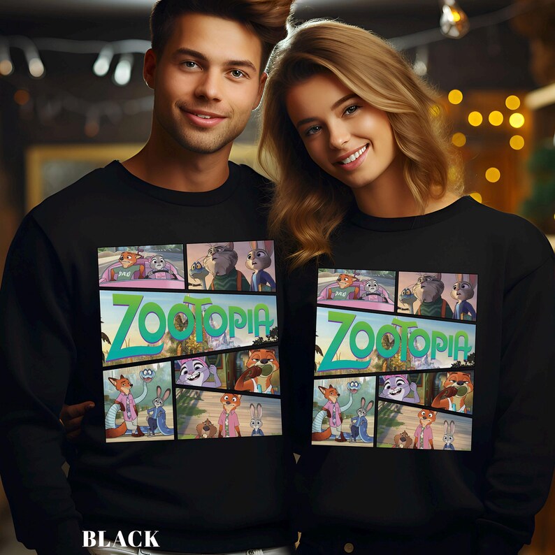 May include: Black sweatshirt featuring a colorful graphic from the animated movie "Zootopia." The design includes the movie title and various character panels. The word "BLACK" is printed at the bottom.