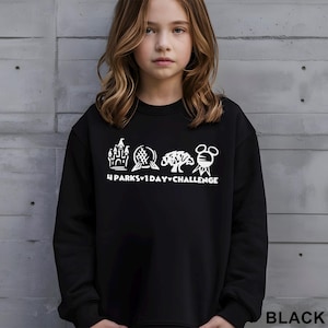 May include: Black sweatshirt with a white graphic featuring a castle, globe, tree, and Mickey Mouse head, with the text "4 PARKS 1 DAY CHALLENGE". The word "BLACK" is printed at the bottom right.
