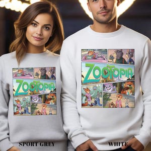 May include: Sport grey and white sweatshirts featuring a comic strip design with characters and the word "Zootopia" in teal. The sweatshirts are worn by a man and a woman.