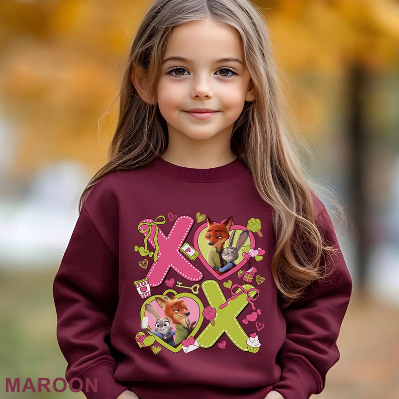 Peut inclure: Un sweat-shirt bordeaux avec un motif des personnages de Zootopie, Nick Wilde et Judy Hopps. Le motif comprend des lettres XOXO roses et vertes, des c&oelig;urs et d'autres &eacute;l&eacute;ments d&eacute;coratifs. Le mot "MAROON" est imprim&eacute; en bas.