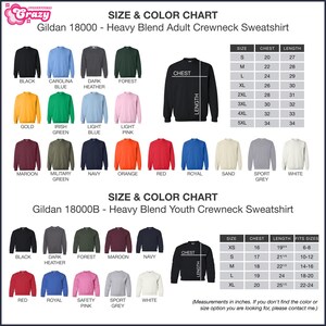 a chart showing the size and color of sweatshirts