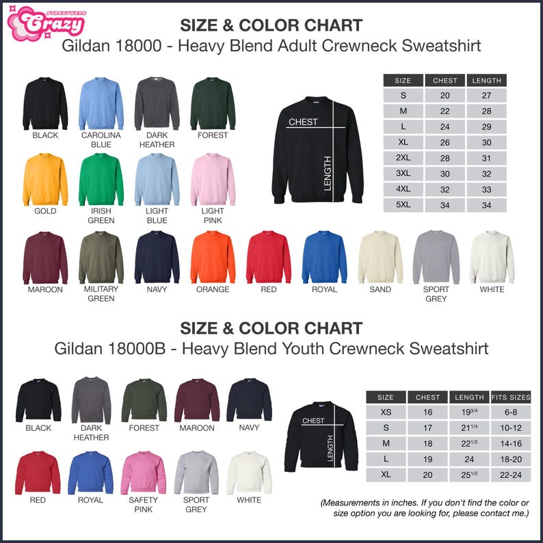 a chart showing the size and color of sweatshirts