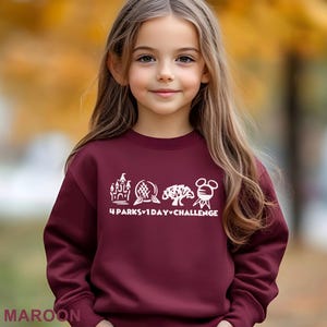 May include: A maroon sweatshirt with white graphic text and icons. The text reads "4 PARKS 1 DAY CHALLENGE" below four park-related icons. The sweatshirt is worn by a young girl with long brown hair.