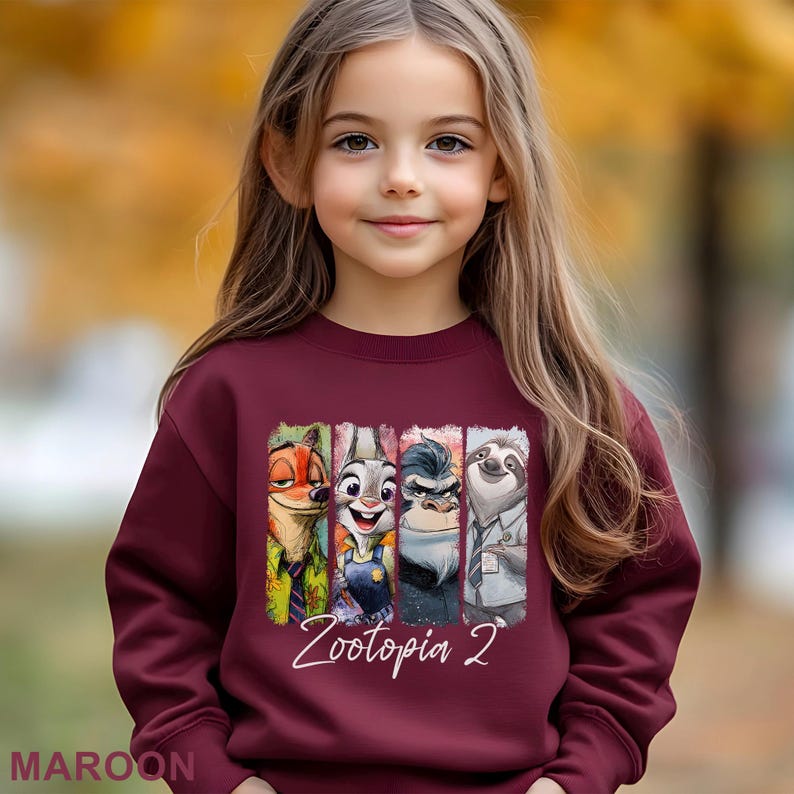 Puede incluir: Sudadera granate con los personajes de Zootopia 2: Nick Wilde, Judy Hopps, un gorila y Flash el perezoso. La sudadera tiene el texto "Zootopia 2" en escritura blanca. La palabra "MAROON" est&aacute; impresa en la parte inferior.