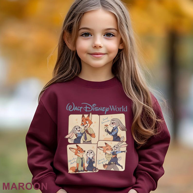 May include: A maroon sweatshirt with a Walt Disney World design. The design features cartoon characters in four panels. The text "Walt Disney World" is arched above the panels, and the word "MAROON" is at the bottom. The sweatshirt is a deep red colour.