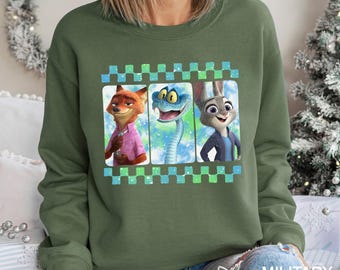 Checkered Disney Zootopia 2 Sweatshirt, Judy Hopps Nick Wilde Gary De'Snake Hoodie, Disneyland Zootopia Crewneck 244507