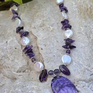 purple glass amethyst fresh water pearl and purple agate pendant gemstone necklace for her handmade gift statement necklace anniversary gift