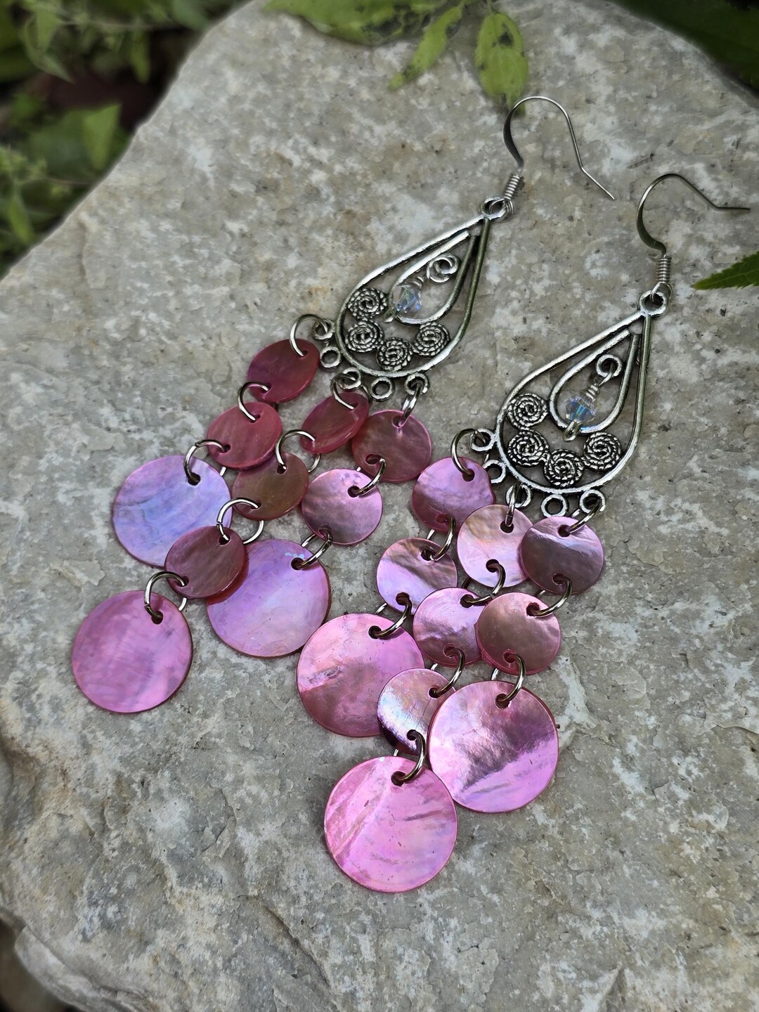 Pink Mussel Shell and Swarovski Crystal Chandelier Earrings, Summer ...