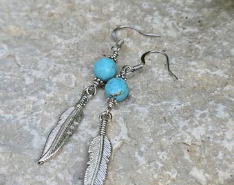 Orecchini boho a forma di piuma in metallo turchese e argento