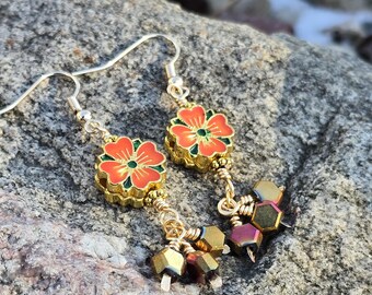 Handmade Cloisonne Flower Earrings, Rainbow Boho Jewelry
