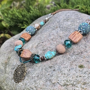 Handmade cowgirl country rustic boho bohemian beaded western style turquoise necklace casual jewelry for women, handmade gift