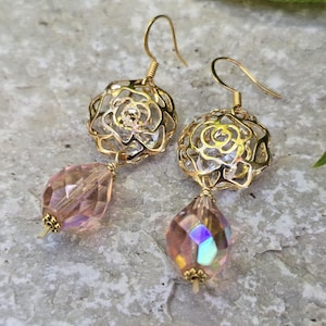gold rose rhinestone and irridicent faceted pink teardrop glass boho earrings for her handmade gift flower jewelry statement earrings