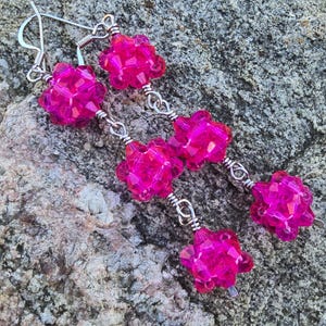 long fushia pink beaded crystal ball boho earrings for her handmade gift lightweight sparkly earrings summer jewelry