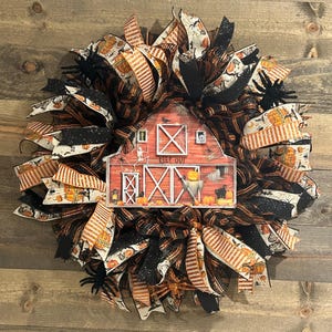 Haunted Barn Halloween Wreath: Spiders, Skeletons & Pumpkins