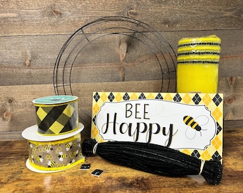Bee Happy Wreath Kit (D), Spring Summer Farmhouse Decor, Thin Door Wreath