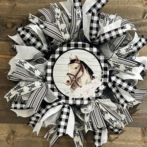 Horse Wreath: Black & White Equestrian Decor, Handmade