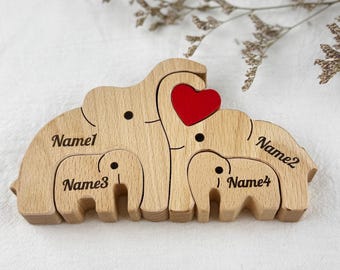 Rompecabezas familiar de elefantes de madera de haya personalizado