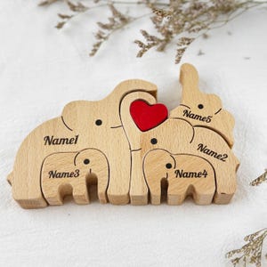 Personalized Wooden Elephant Family Puzzle With Heart, Custom Engraved Beech Wood Keepsake, Family Home Decor Gift For Baby Wedding Mum Dad