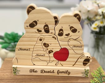 Casse-tête de famille panda en bois gravé : décoration souvenir personnalisée