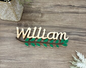 Custom Farmhouse Name Plaque with Greenery, Plant Nursery Decor and Housewarming Gift, Custom Wooden Leaf Love Plaque, Anniversary Keepsake